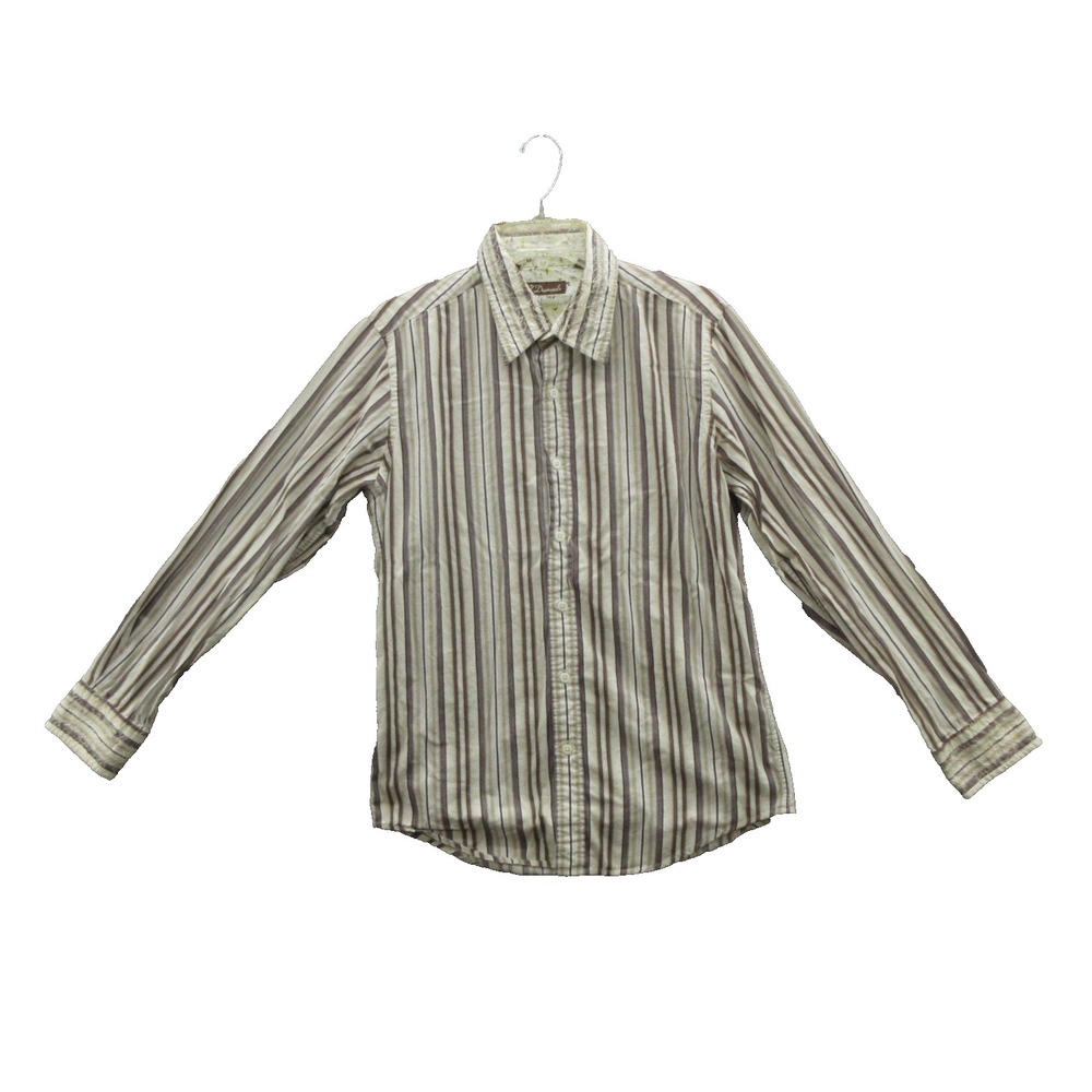 7 Diamonds Men Button Up Shirt Medium White and Brown Striped Cotton Long Sleeve